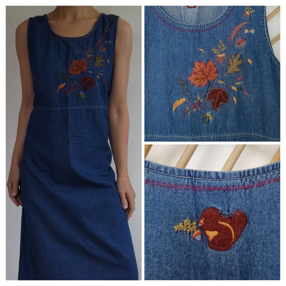 Vintage Denim Cotton Sleeveless Embroidered Maxi Dress / Size Large
